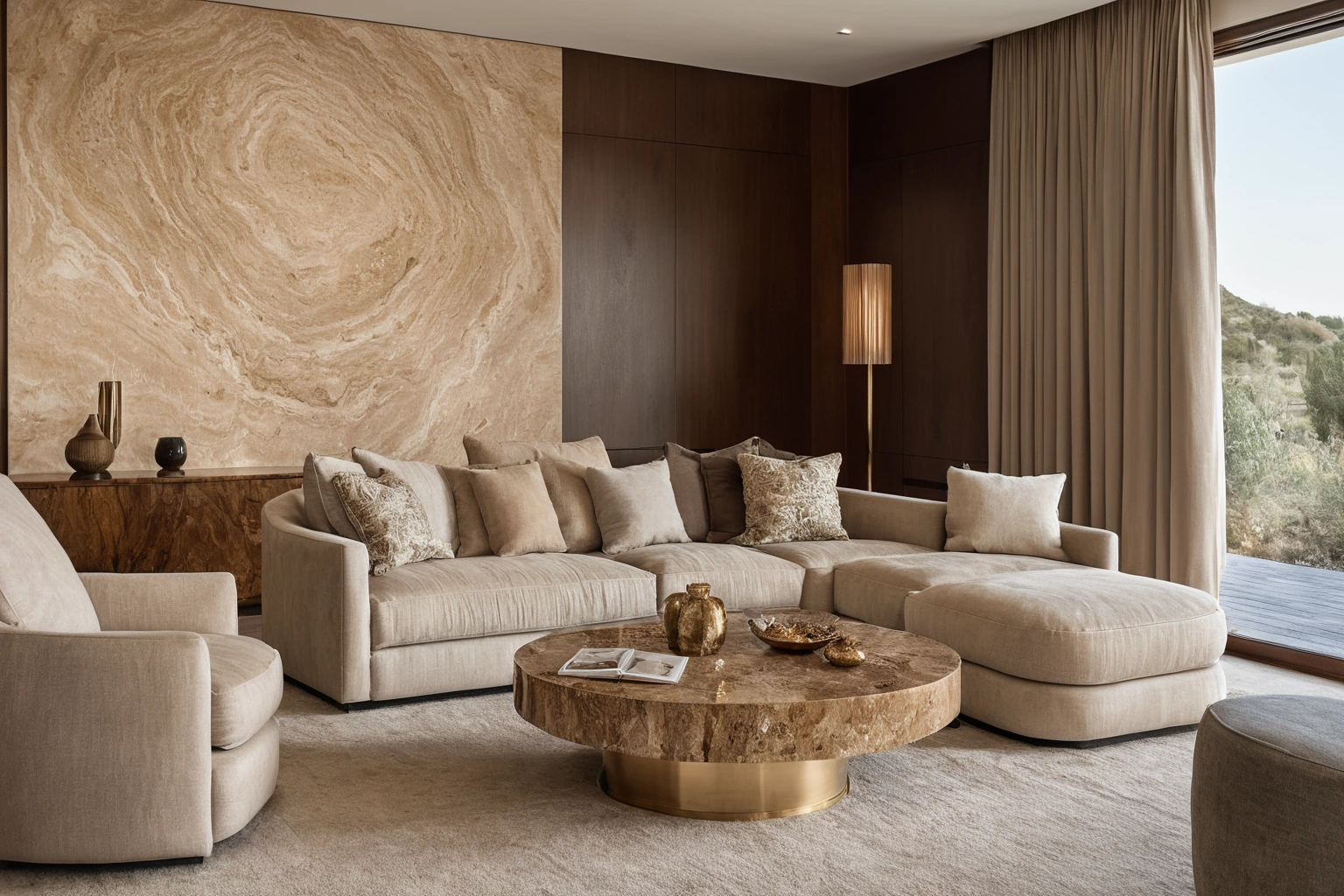 Villa living room with a honed travertine wall, burl walnut cabinetry, unlacquered brass and linen upholstery