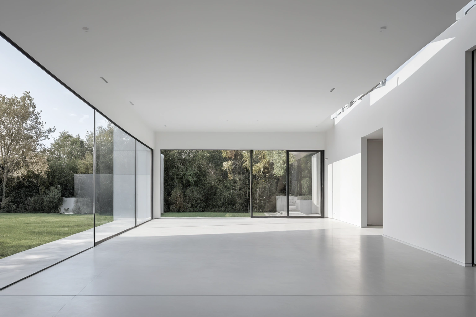 Empty white minimalist villa interior with flat white plastered walls and low raking light along a long wall plane