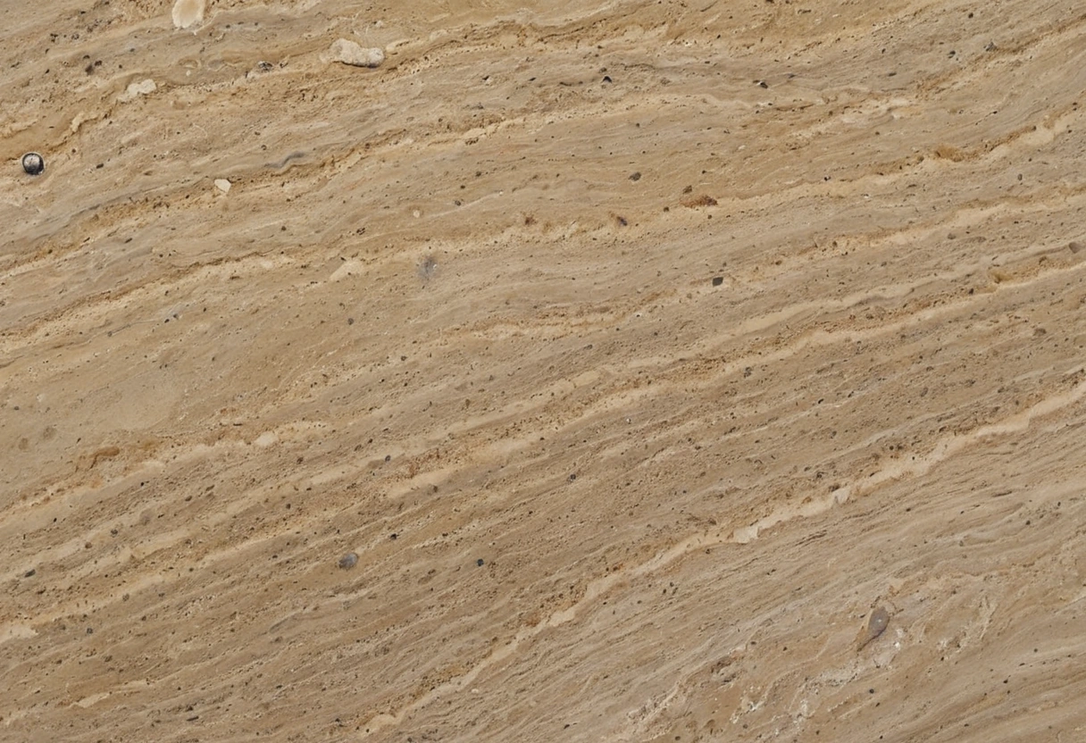 Macro photograph of honed travertine showing open pores and banded layers in raking light