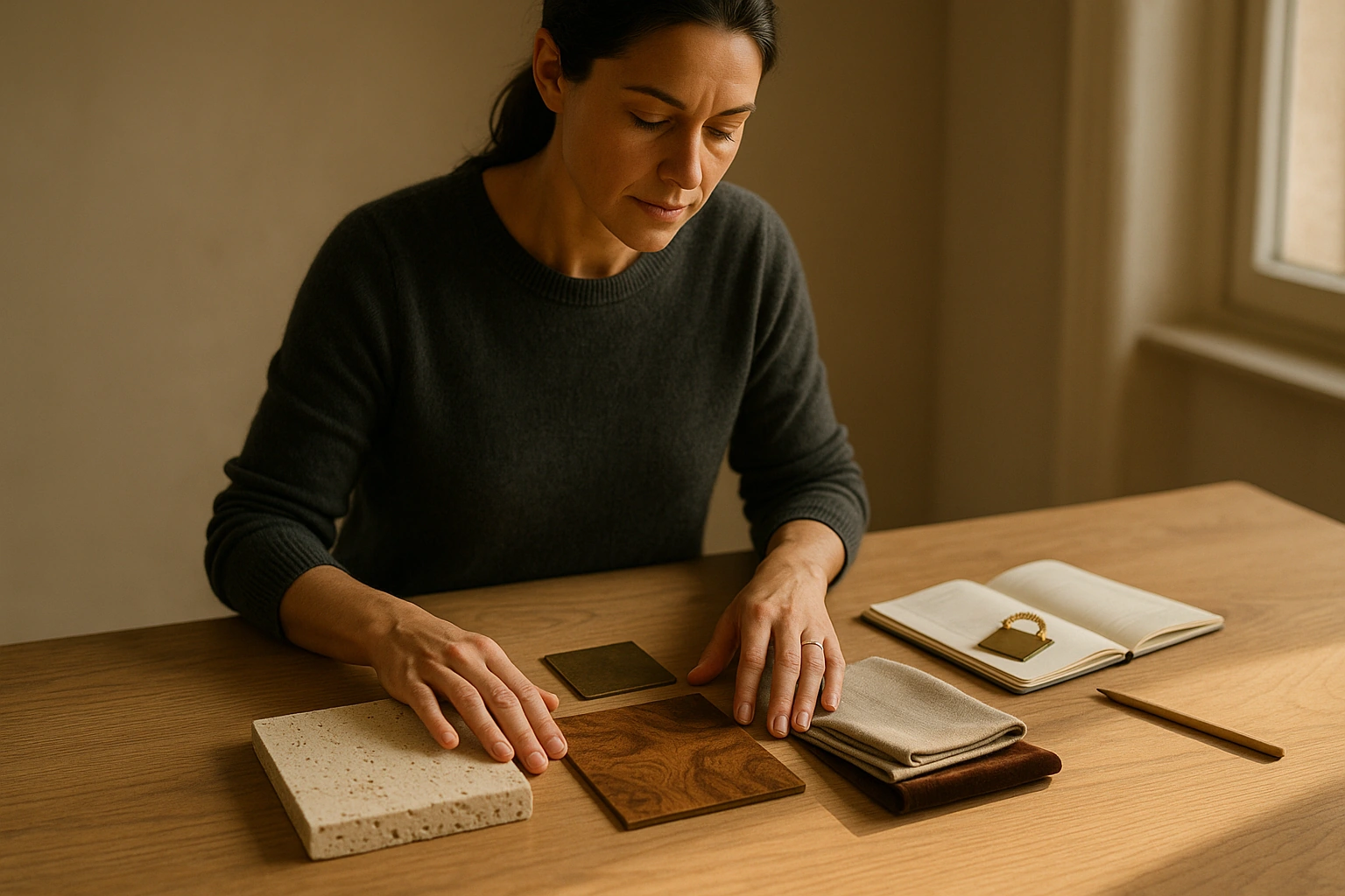 Interior designer laying out material samples of travertine, burl veneer, brass and linen on a work table