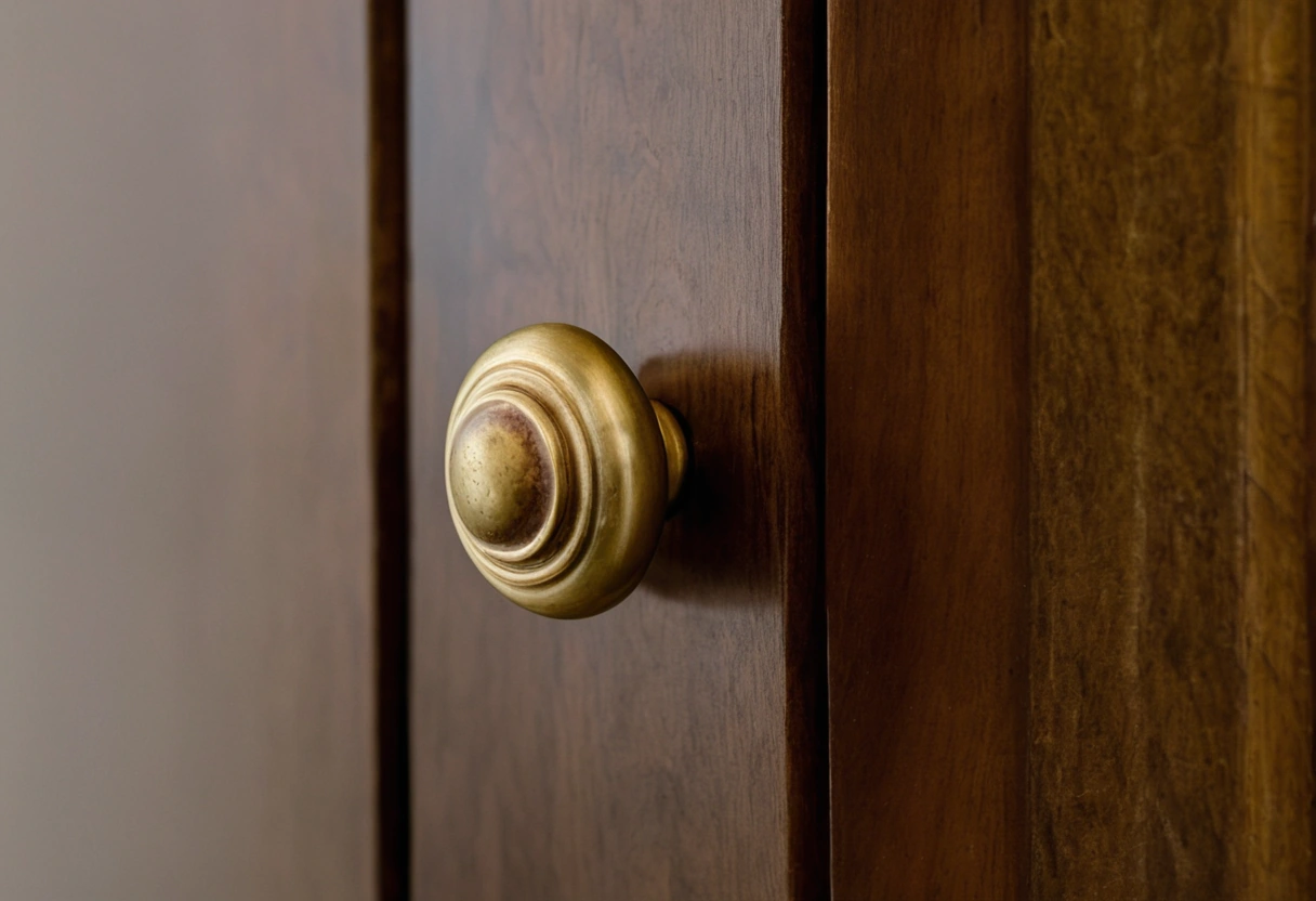 Macro detail of an unlacquered brass pull with uneven darkened patina on a burl walnut cabinet door